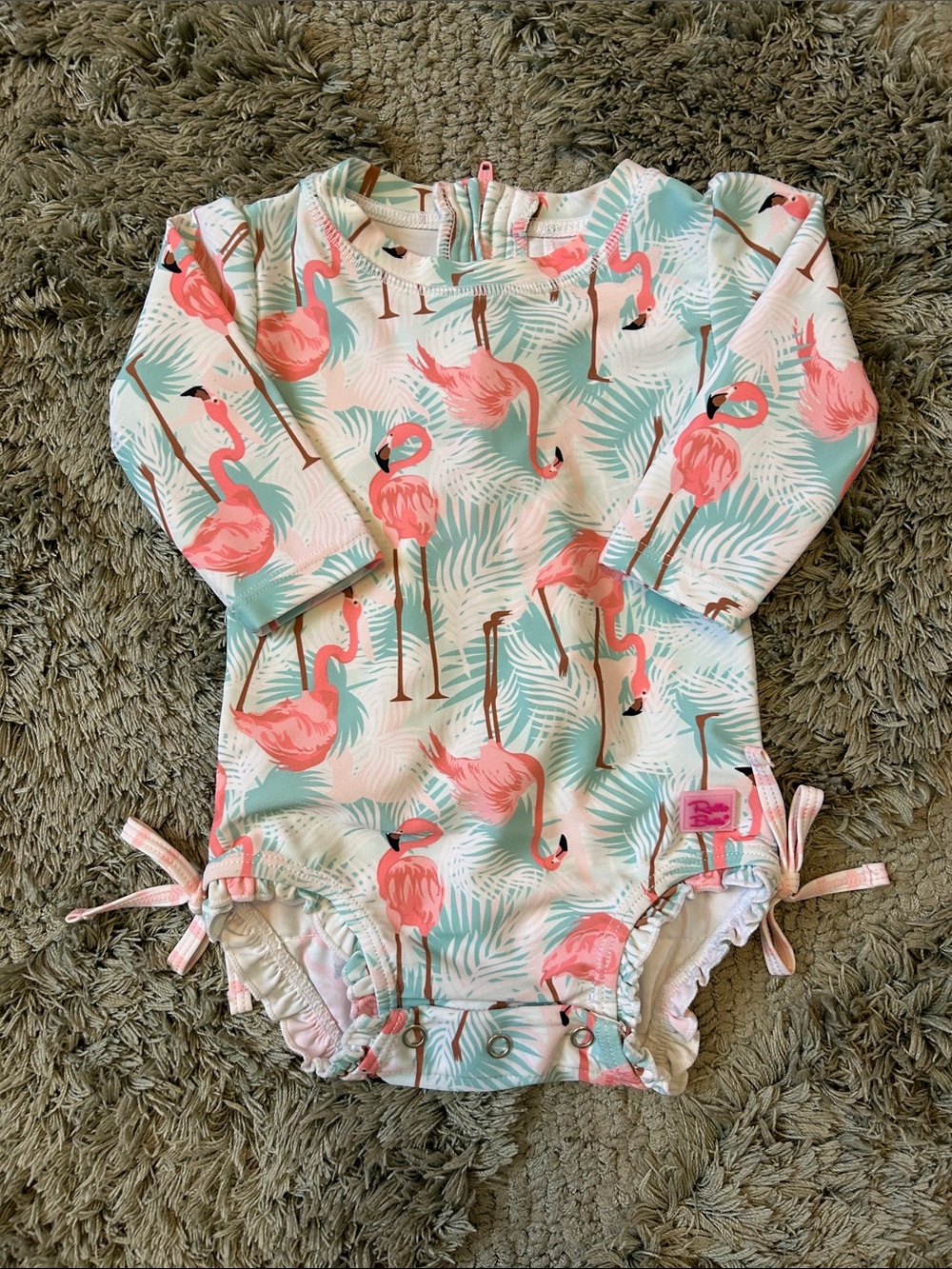 Ruffle Butts Pink Flamingo One-Piece Swimsuit with Mint Leaves
